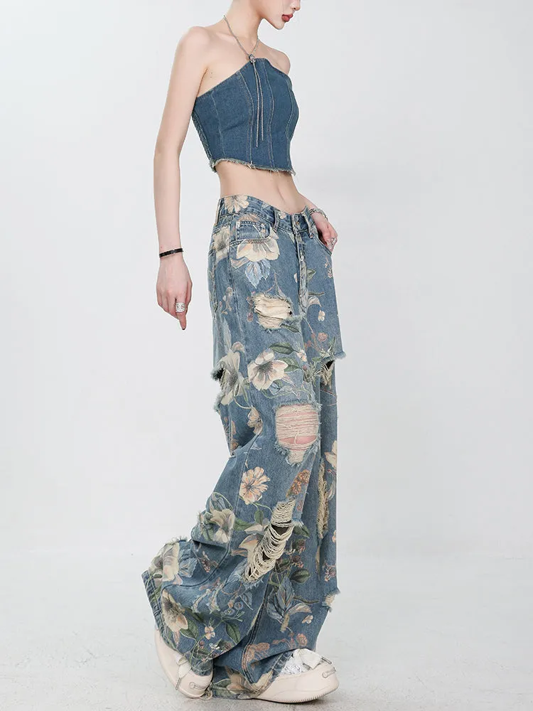 【24s Sep.】Vintage Printed Ripped Jeans