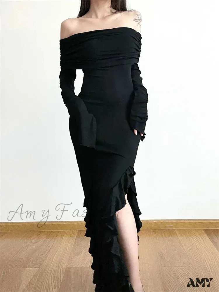 Amy Fashion - Elegant Women Slash Neck Off Shoulder   Flare Sleeve Party Irregular Hem Ruffles Female Vestidos