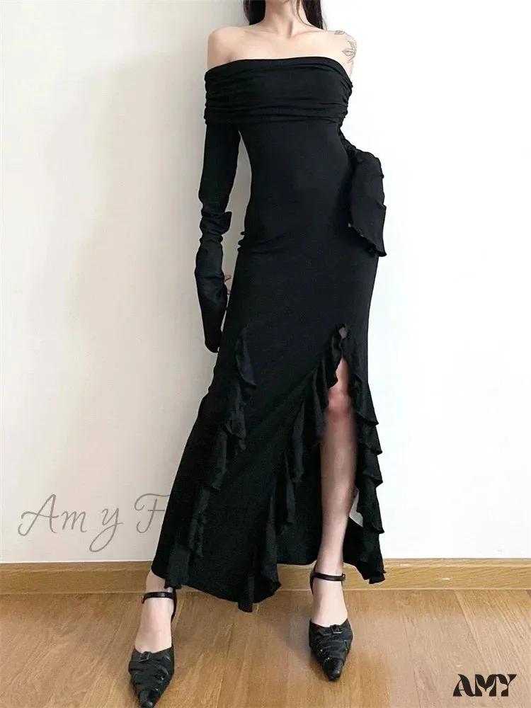 Amy Fashion - Elegant Women Slash Neck Off Shoulder   Flare Sleeve Party Irregular Hem Ruffles Female Vestidos