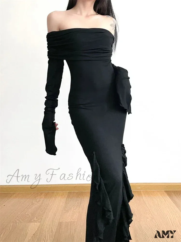 Amy Fashion - Elegant Women Slash Neck Off Shoulder   Flare Sleeve Party Irregular Hem Ruffles Female Vestidos