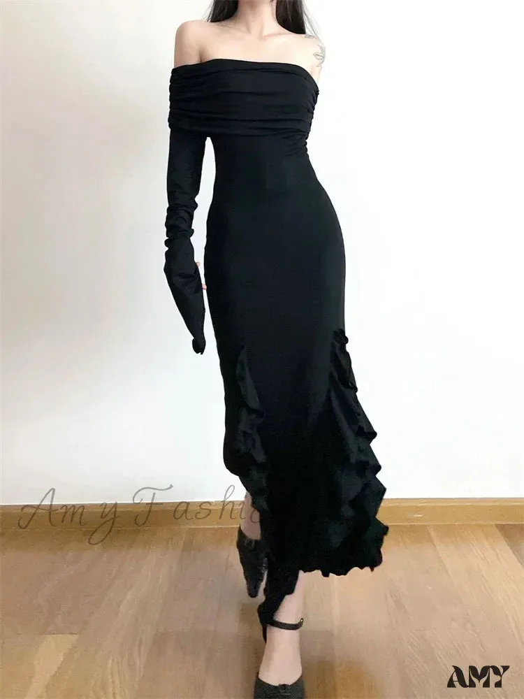 Amy Fashion - Elegant Women Slash Neck Off Shoulder   Flare Sleeve Party Irregular Hem Ruffles Female Vestidos