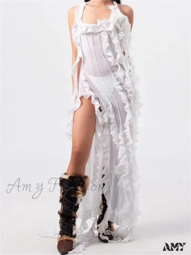 Amy Fashion - Women 3D Floral Tassels  Ruffles Sheer Mesh See Through Y2K Off Shoulder Backless Sexy Vestidos Clubwear