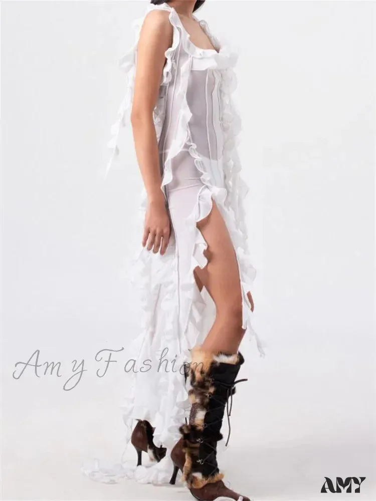 Amy Fashion - Women 3D Floral Tassels  Ruffles Sheer Mesh See Through Y2K Off Shoulder Backless Sexy Vestidos Clubwear