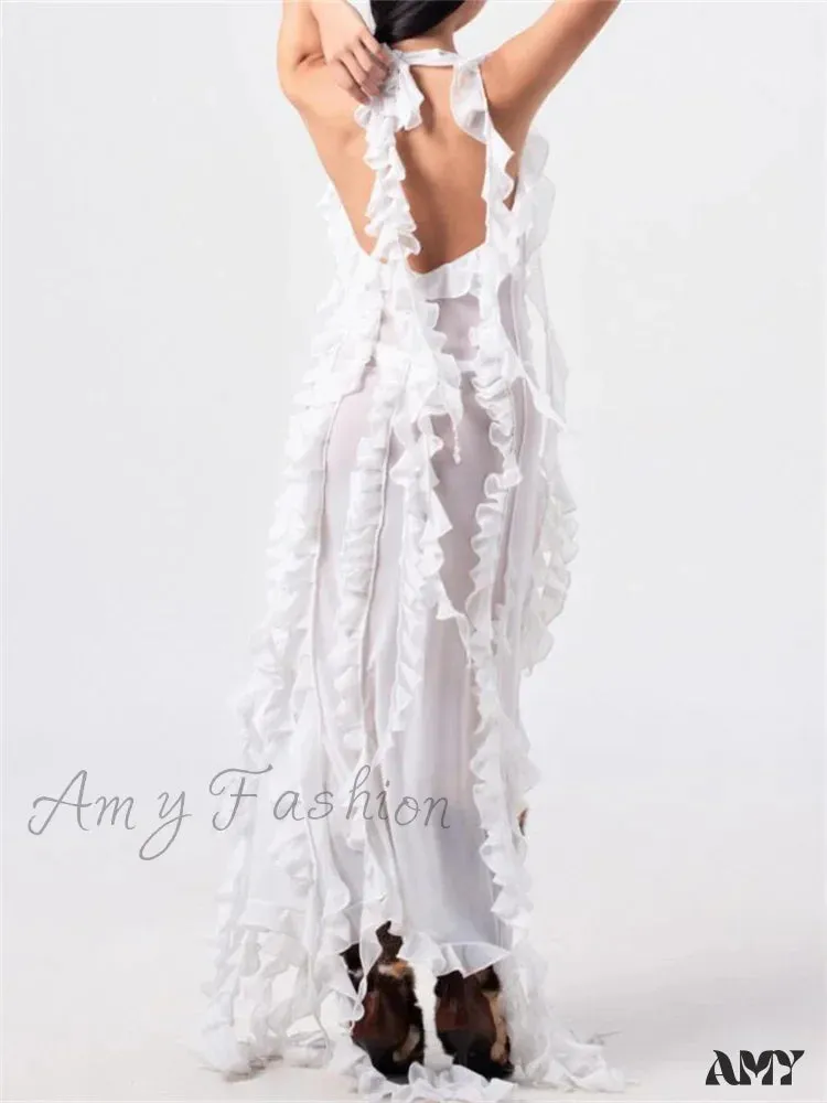 Amy Fashion - Women 3D Floral Tassels  Ruffles Sheer Mesh See Through Y2K Off Shoulder Backless Sexy Vestidos Clubwear
