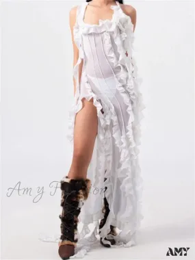 Amy Fashion - Women 3D Floral Tassels  Ruffles Sheer Mesh See Through Y2K Off Shoulder Backless Sexy Vestidos Clubwear