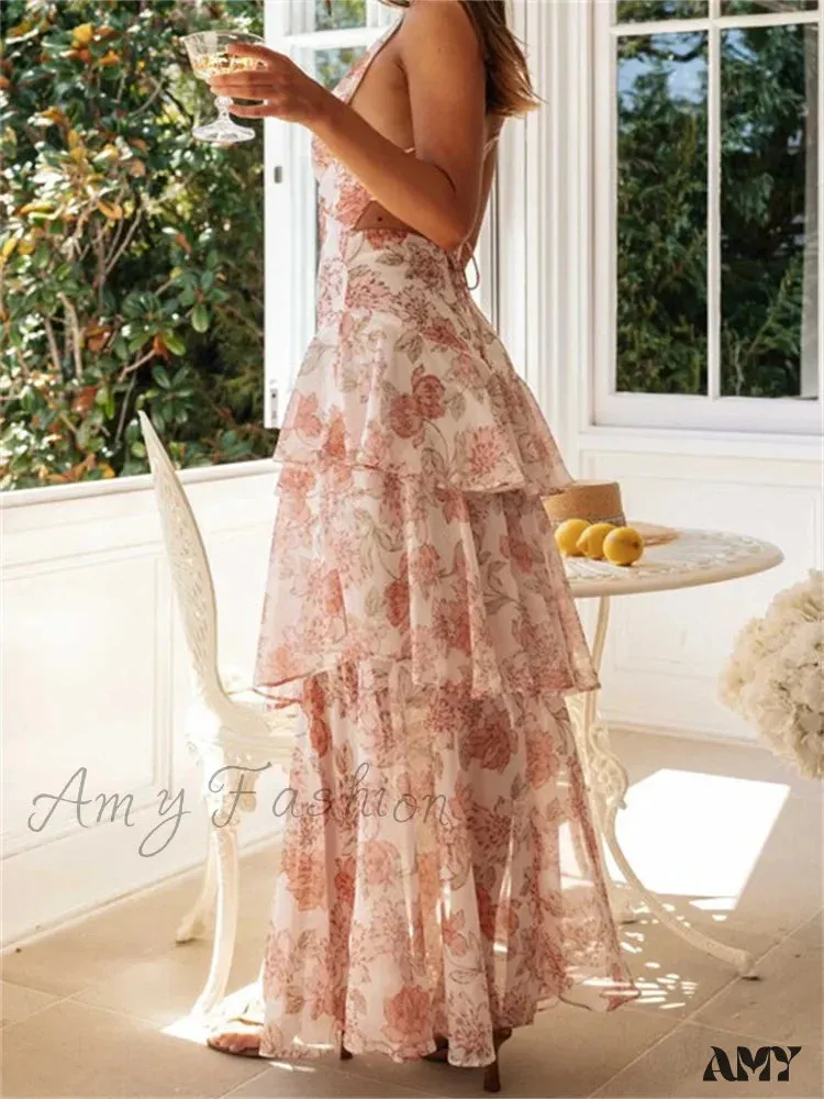 Amy Fashion - Women Floral Print  Sleeveless Deep V Neck Tiered Ruffles Hem  Spring Summer Backless Beach Vestidos