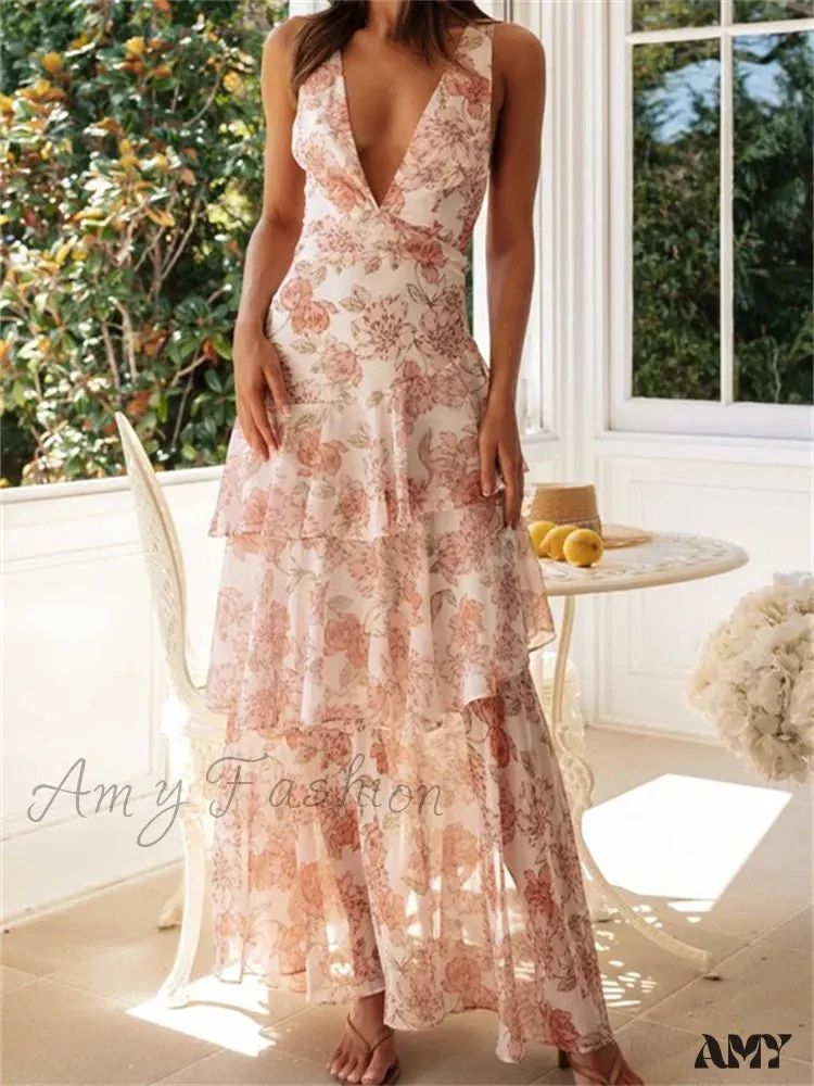 Amy Fashion - Women Floral Print  Sleeveless Deep V Neck Tiered Ruffles Hem  Spring Summer Backless Beach Vestidos