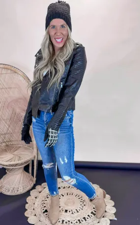 Black Textured Faux Leather Moto Jacket