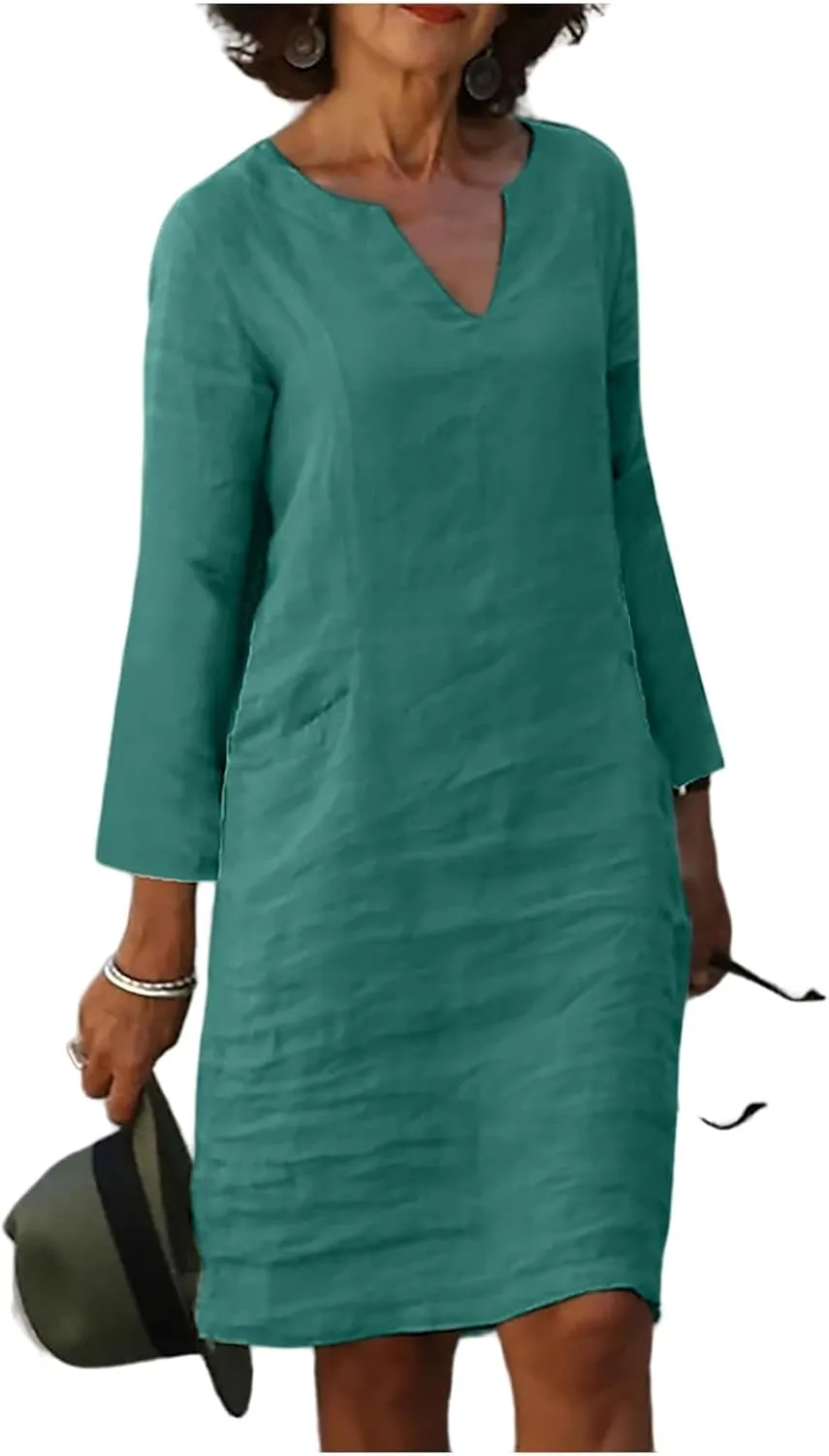 Cotton Linen Dresses for Women Loose Casual Long Sleeve V Neck Knee Length Mini Dress Elegant Plain Shirt Midi Dress