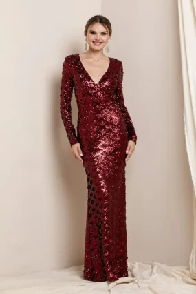 Dark Red V Neck Sequin Maxi Dress