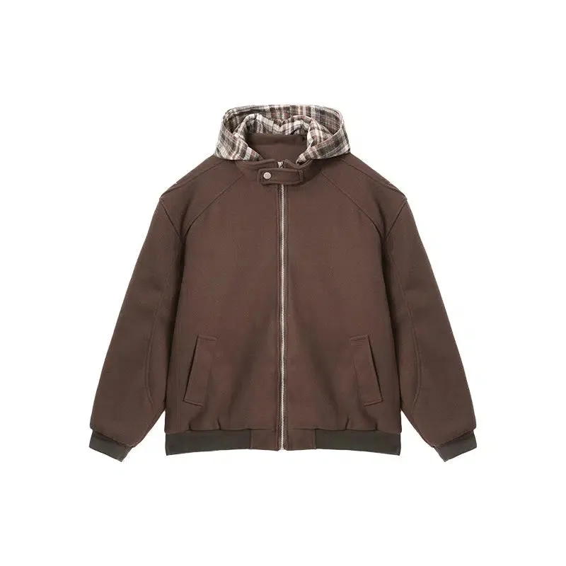Detachable Hooded Plaid Woolen Quilted Jacket