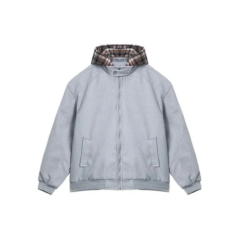 Detachable Hooded Plaid Woolen Quilted Jacket