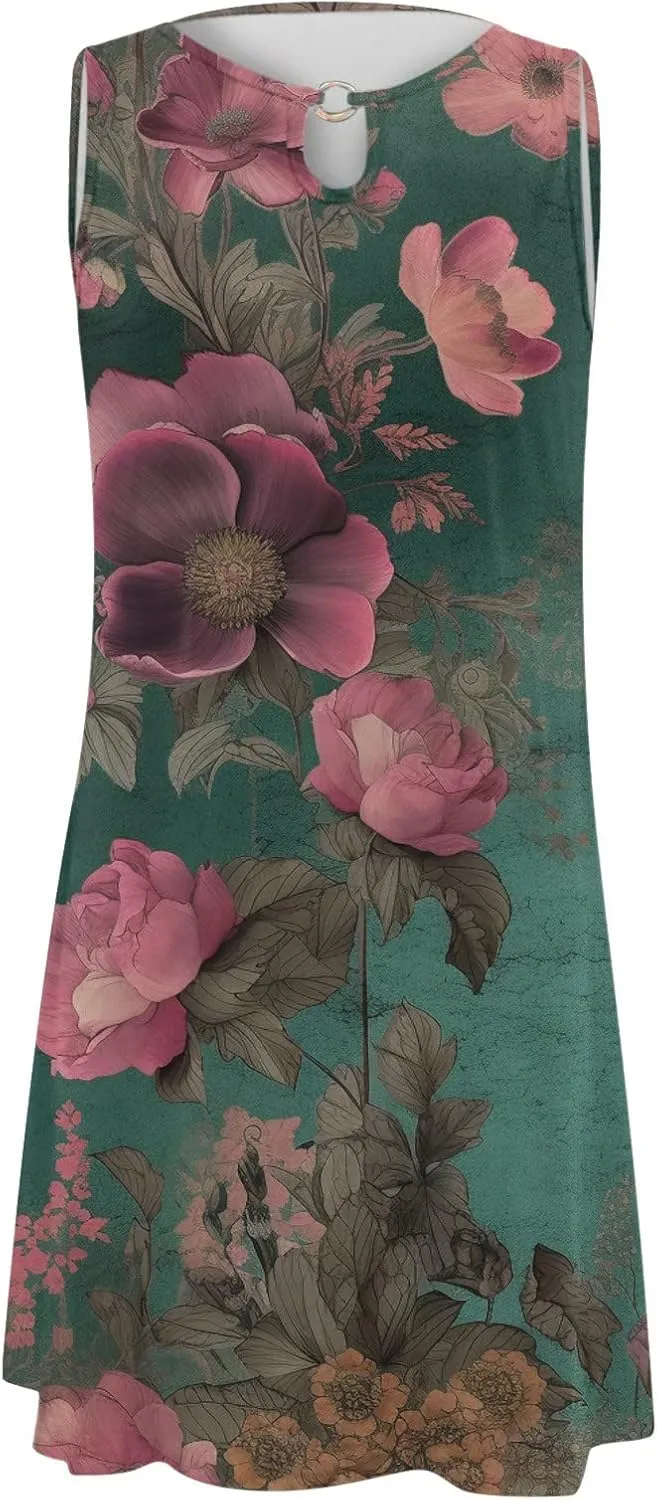 Dresses for Women 2024 Casual Floral Print Hollow Out Sundresses Vintage A Line Sun Dress Beach Dress Summer Dresses