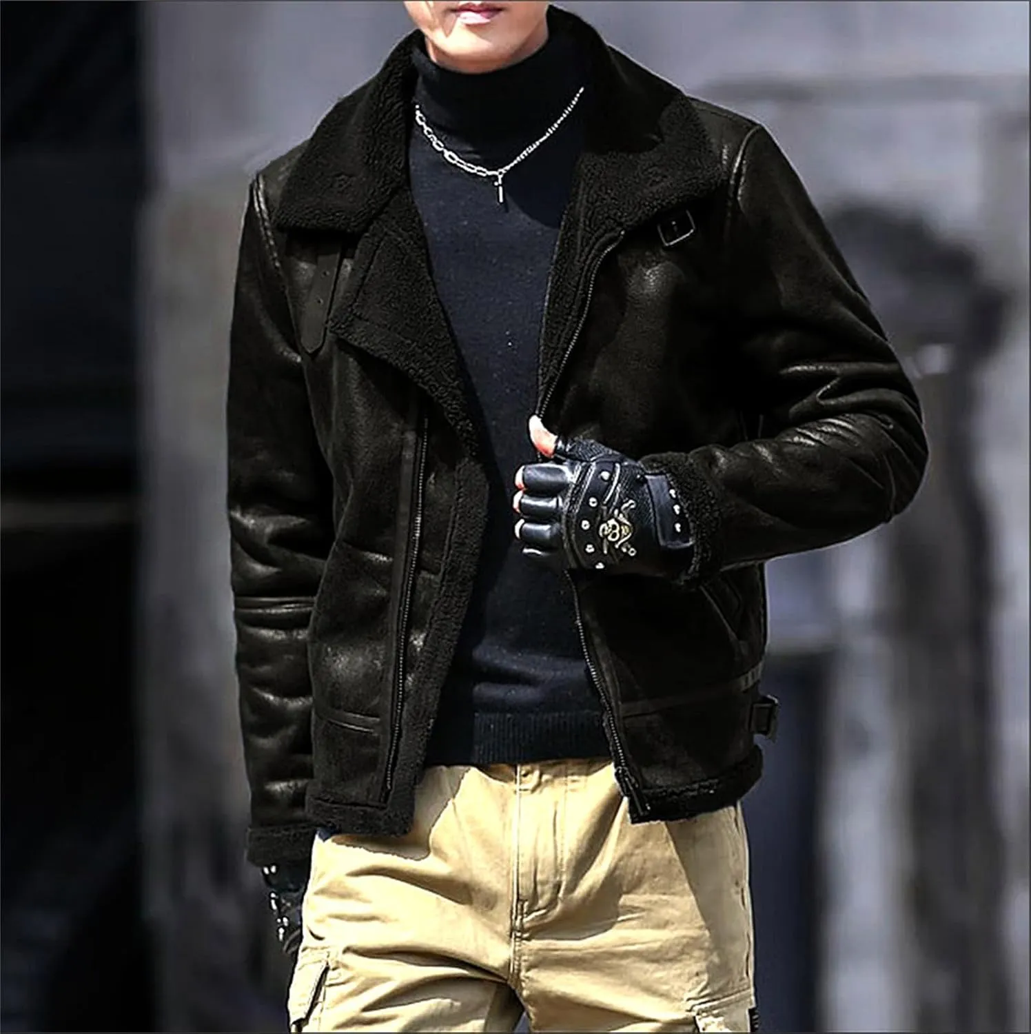 evzosrz Men's Shearling Fleece Lined Faux Leather Jacket Faux Suede Sherpa Coats Vintage Lapel Faux Fur Collar Warm Jackets
