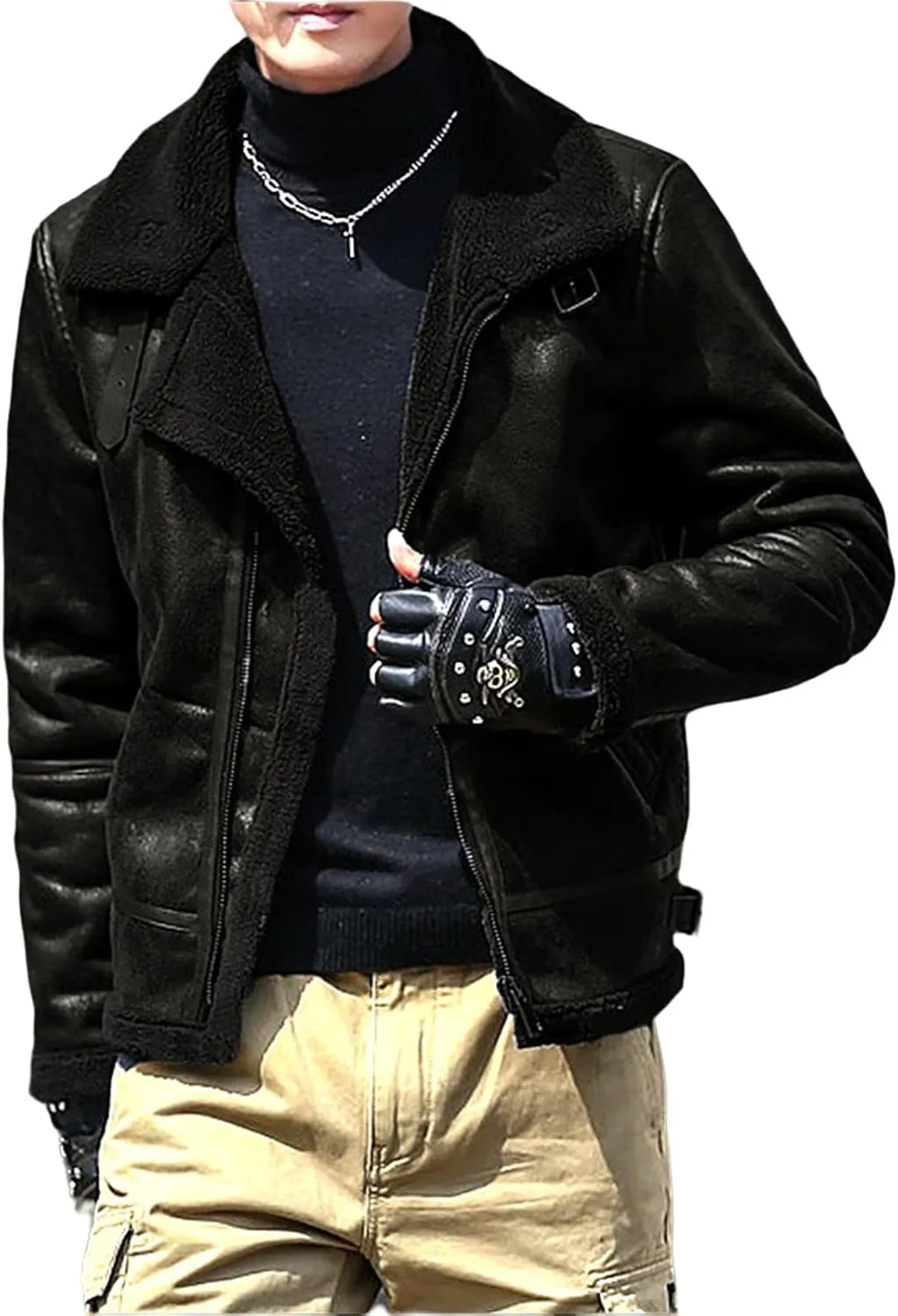 evzosrz Men's Shearling Fleece Lined Faux Leather Jacket Faux Suede Sherpa Coats Vintage Lapel Faux Fur Collar Warm Jackets