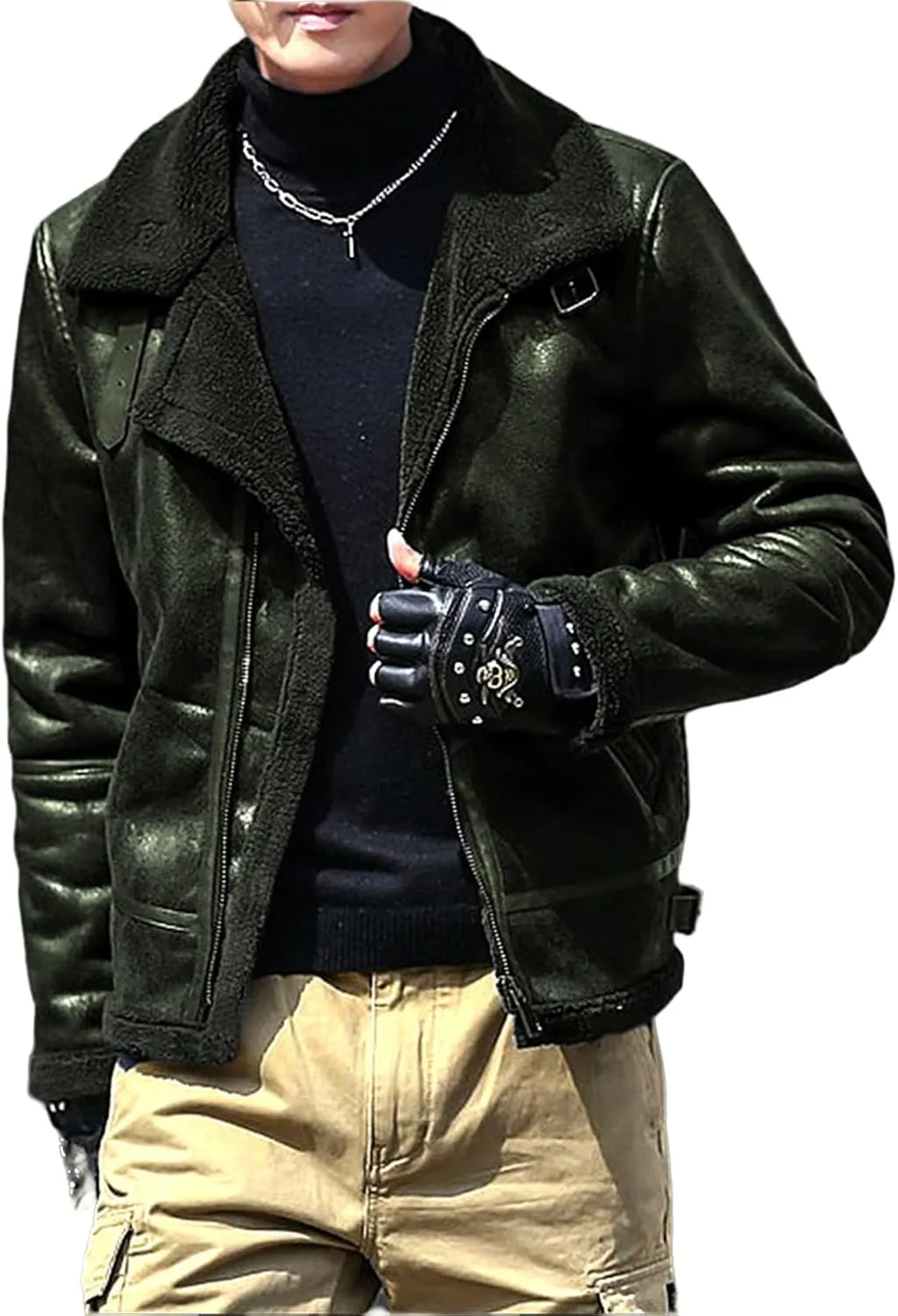 evzosrz Men's Shearling Fleece Lined Faux Leather Jacket Faux Suede Sherpa Coats Vintage Lapel Faux Fur Collar Warm Jackets