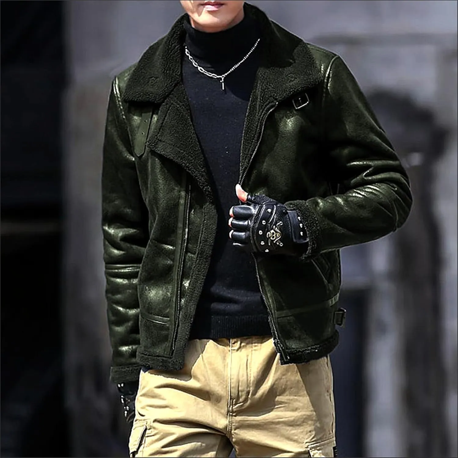 evzosrz Men's Shearling Fleece Lined Faux Leather Jacket Faux Suede Sherpa Coats Vintage Lapel Faux Fur Collar Warm Jackets
