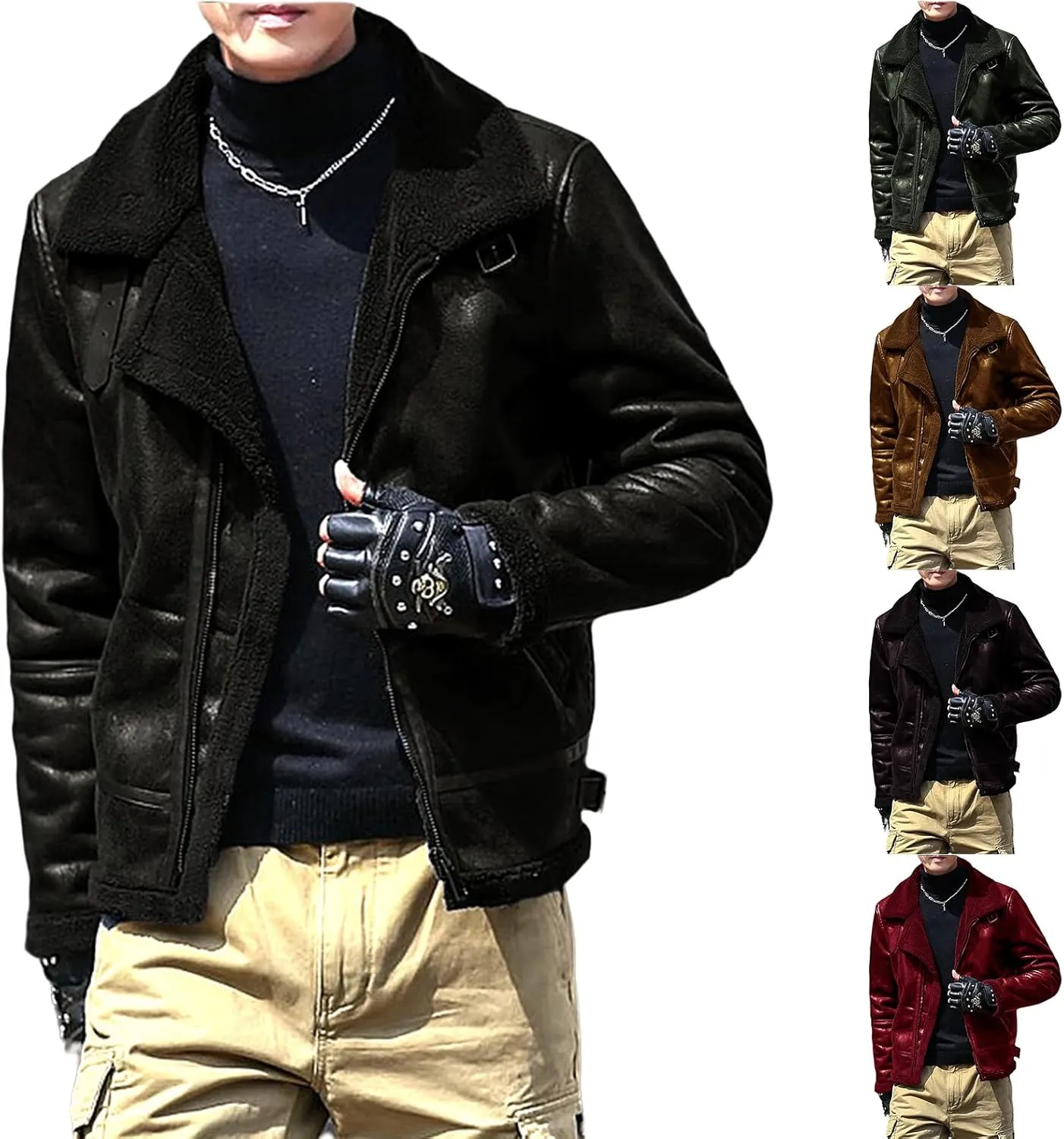 evzosrz Men's Shearling Fleece Lined Faux Leather Jacket Faux Suede Sherpa Coats Vintage Lapel Faux Fur Collar Warm Jackets