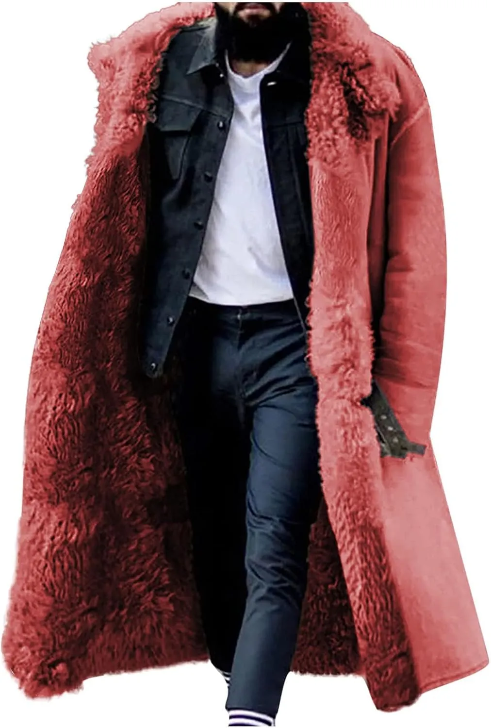 Faux Fur Long Coat Men Sherpa Lined Parka Jacket Faux Leather Jacket Warm Winter Shearling Fleece Coat for Men