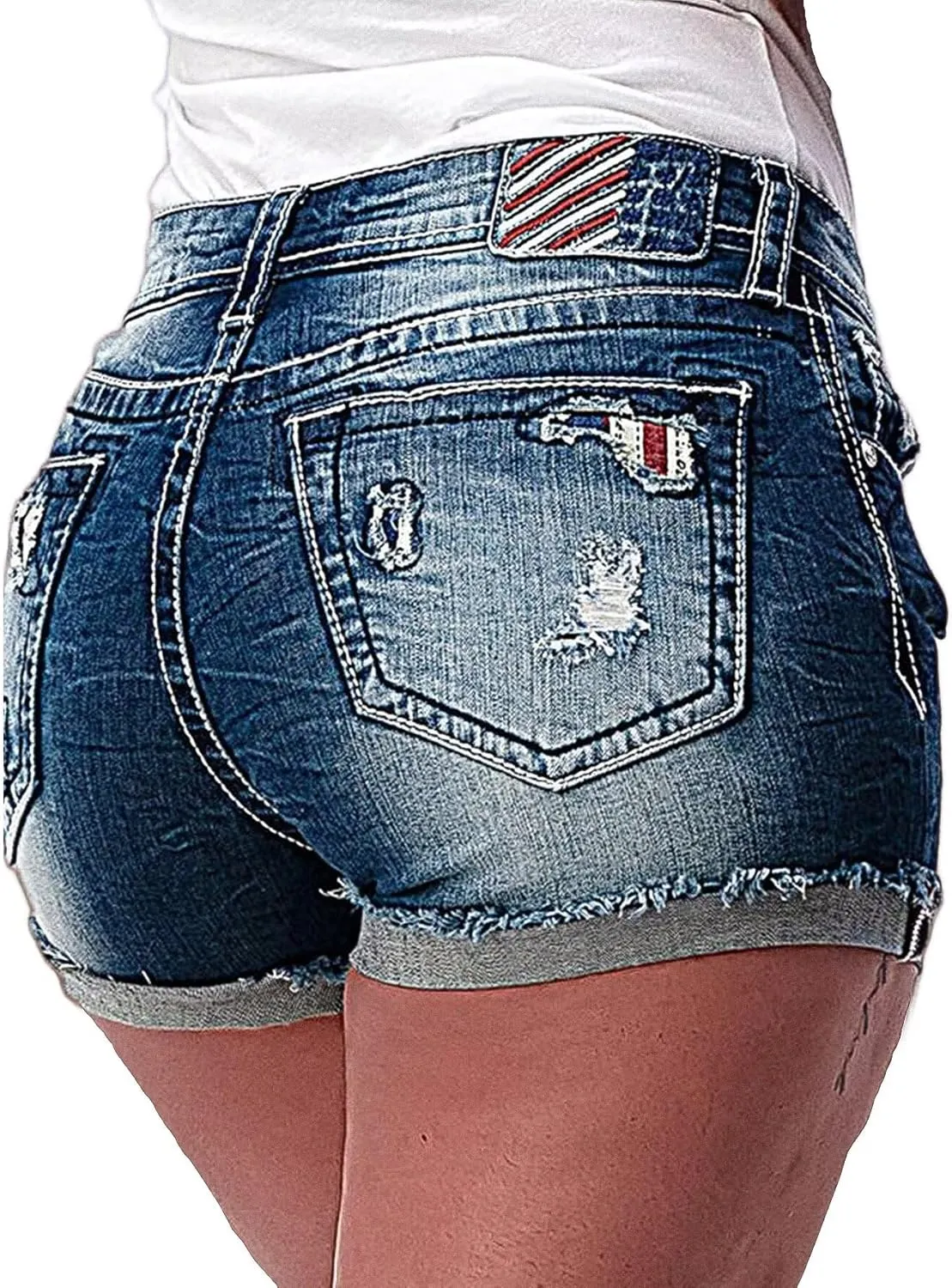 Flamingals Jean Shorts for Women Mid Waist American Flag Ripped Denim Shorts Stretchy Bermuda Summer Distressed Trendy