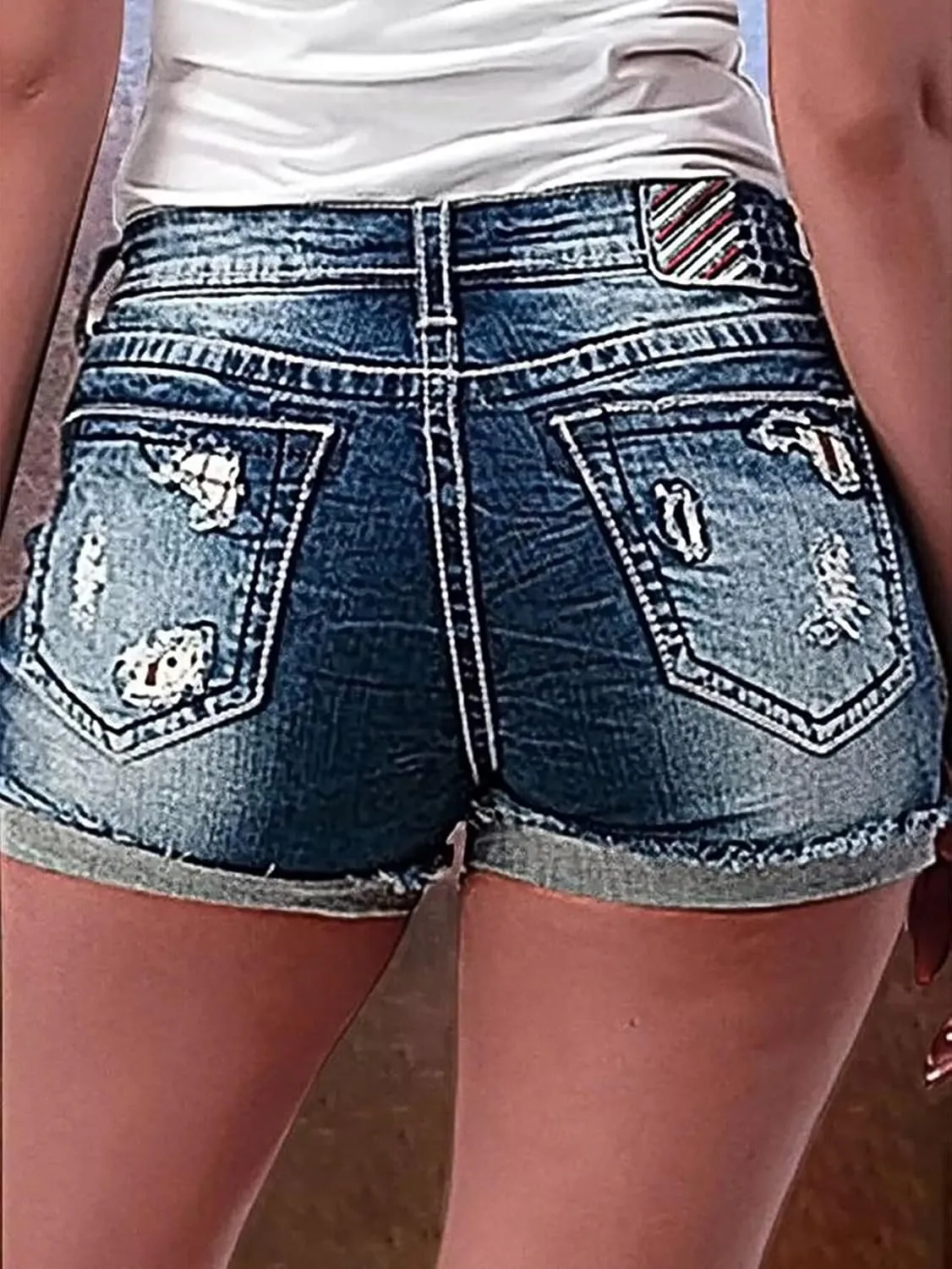 Flamingals Jean Shorts for Women Mid Waist American Flag Ripped Denim Shorts Stretchy Bermuda Summer Distressed Trendy