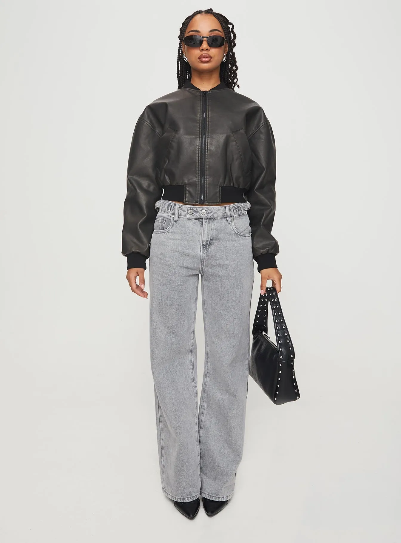 Flaxie Faux Leather Bomber Jacket Black