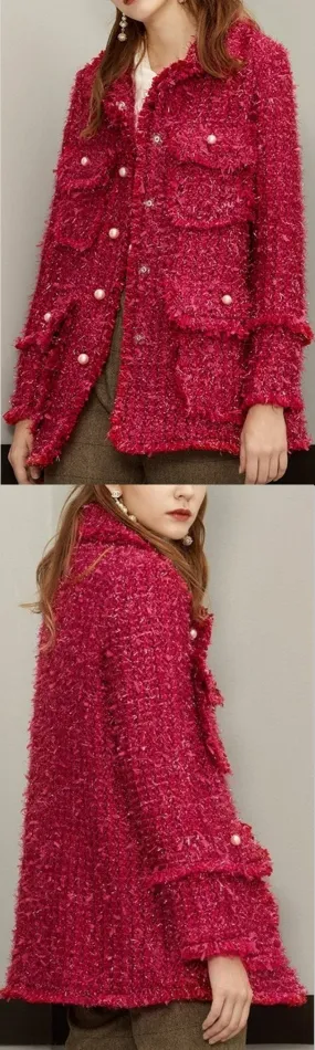 Frayed Tweed Jacket with Faux-Pearl Embellishments, Rose