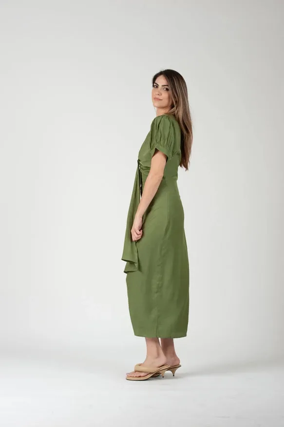 Grecian Puff Sleeve Midi Dress-Grass