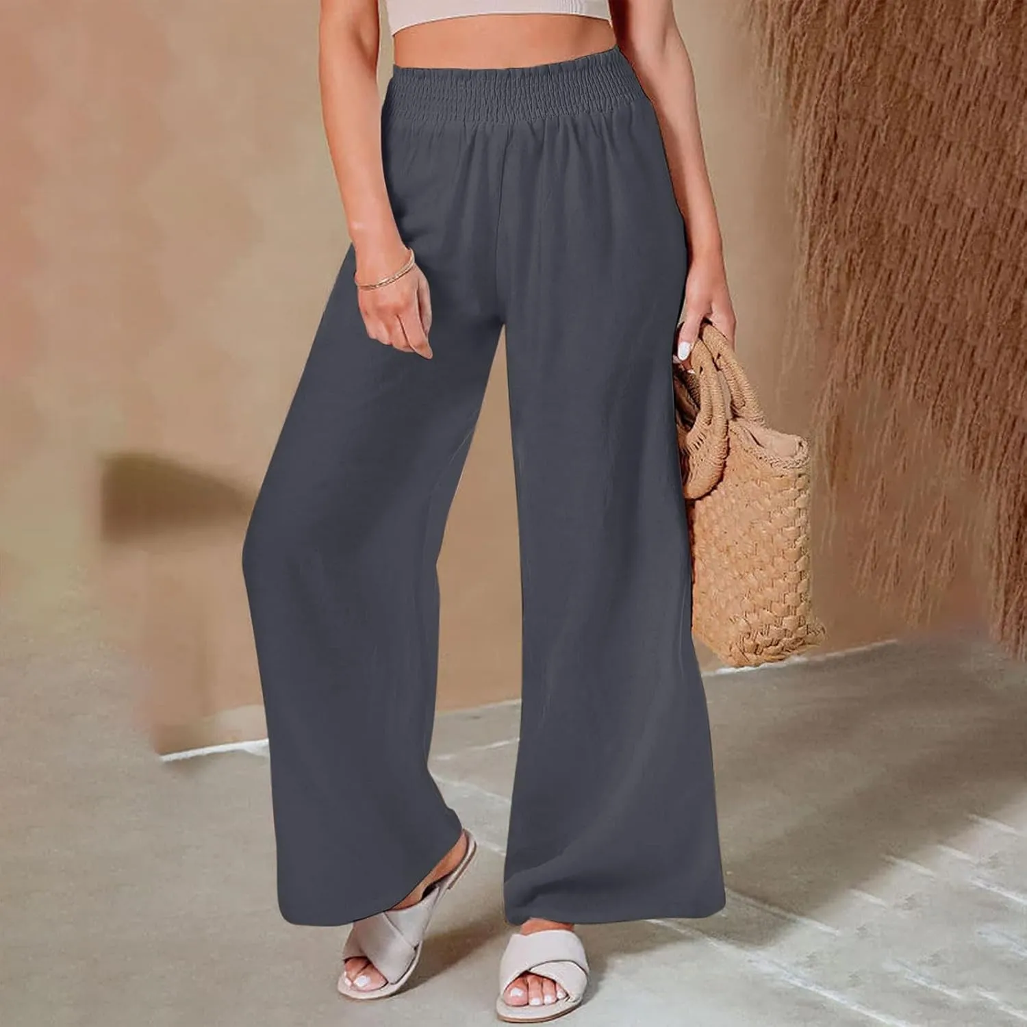 High Cut Flare Wide Leg Trousers Pants for Women Summer Fall Linen Loose Fit Trousers Pants Women 2025