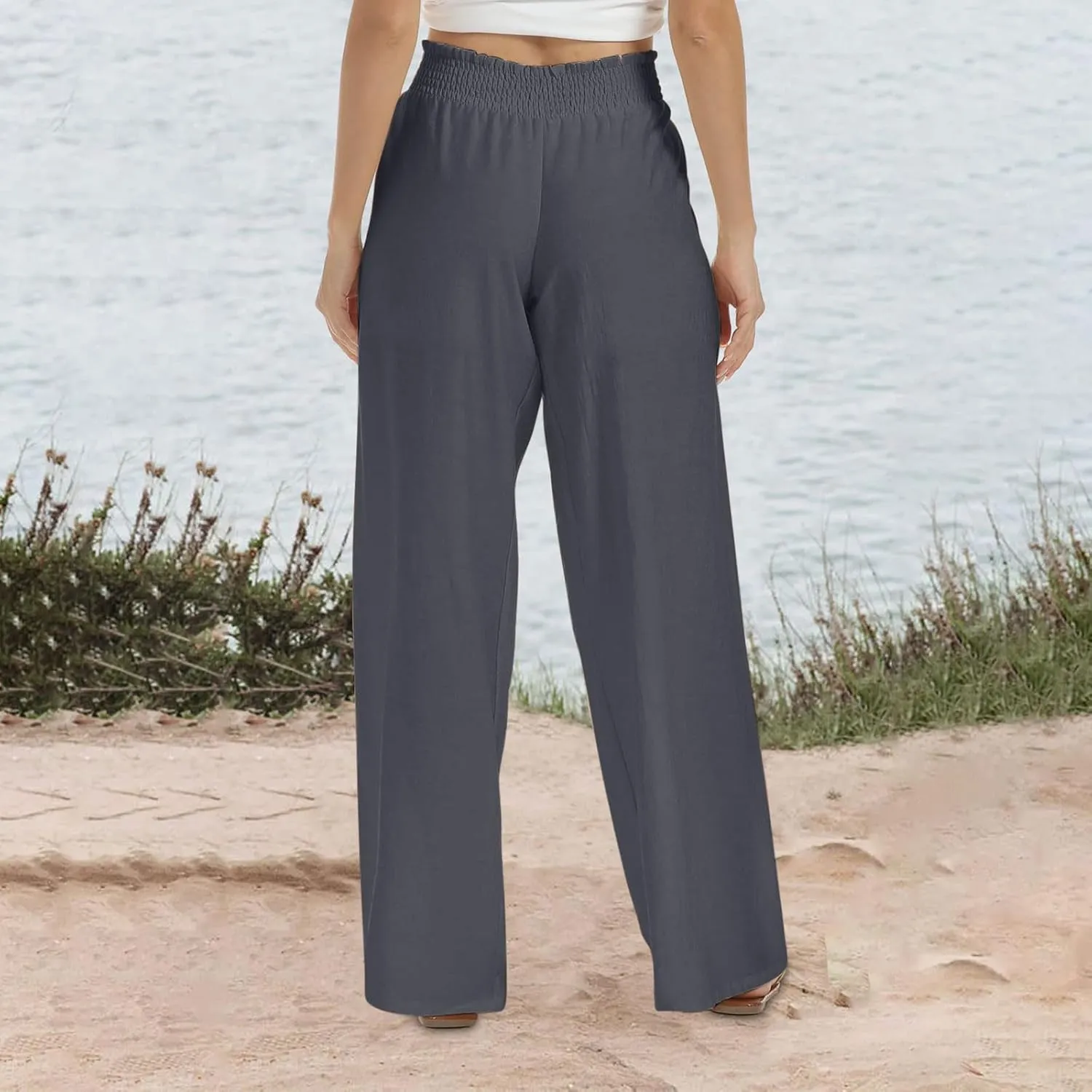 High Cut Flare Wide Leg Trousers Pants for Women Summer Fall Linen Loose Fit Trousers Pants Women 2025