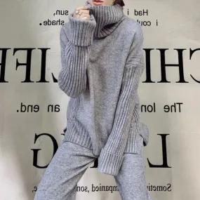 High neck split sweater   loose wide-leg pants two-piece