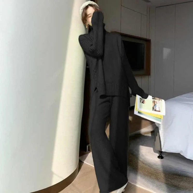 High neck split sweater   loose wide-leg pants two-piece