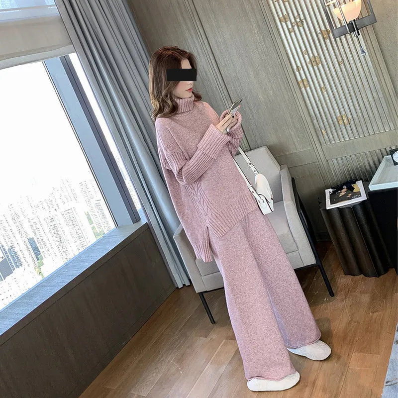High neck split sweater   loose wide-leg pants two-piece
