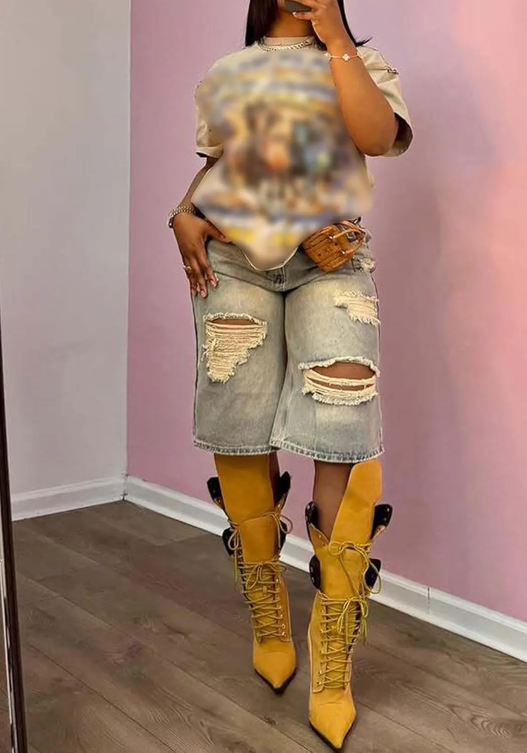 LETSVDO Womens Baggy Ripped Denim Shorts High Waist Straight Wide Leg Distressed Y2k Casual Bermuda Cargo Jean Shorts