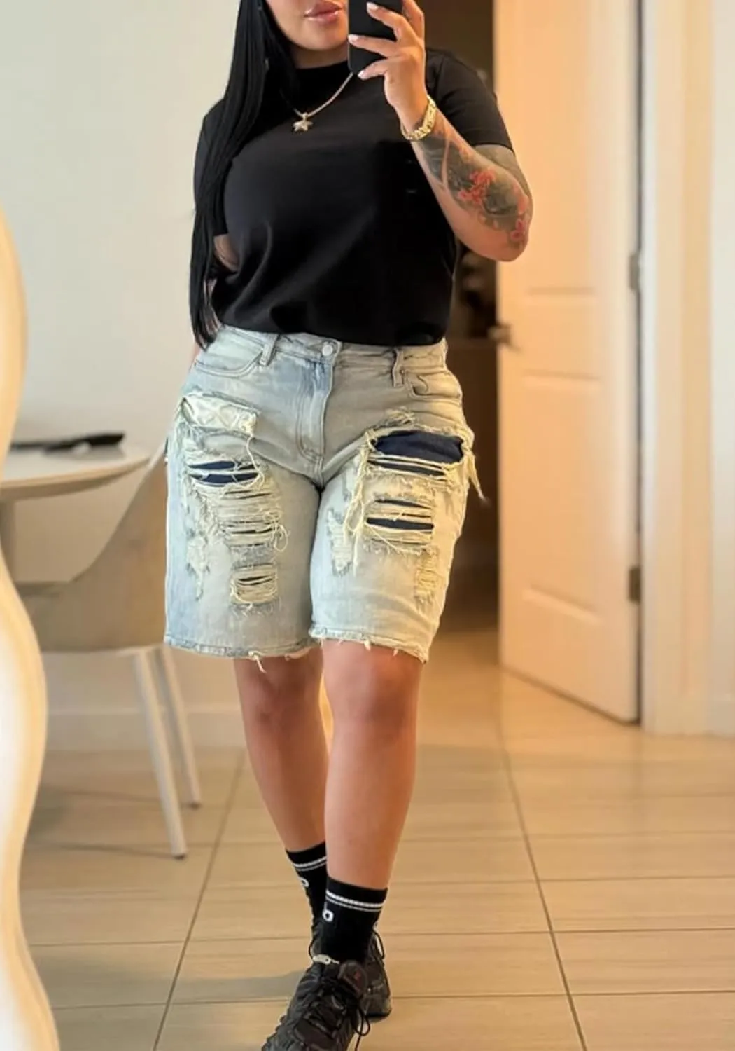 LETSVDO Womens Baggy Ripped Denim Shorts High Waist Straight Wide Leg Distressed Y2k Casual Bermuda Cargo Jean Shorts