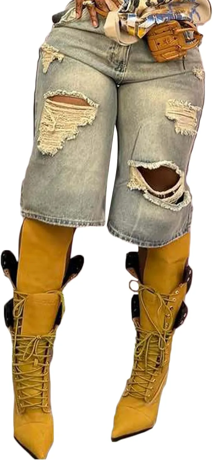 LETSVDO Womens Baggy Ripped Denim Shorts High Waist Straight Wide Leg Distressed Y2k Casual Bermuda Cargo Jean Shorts
