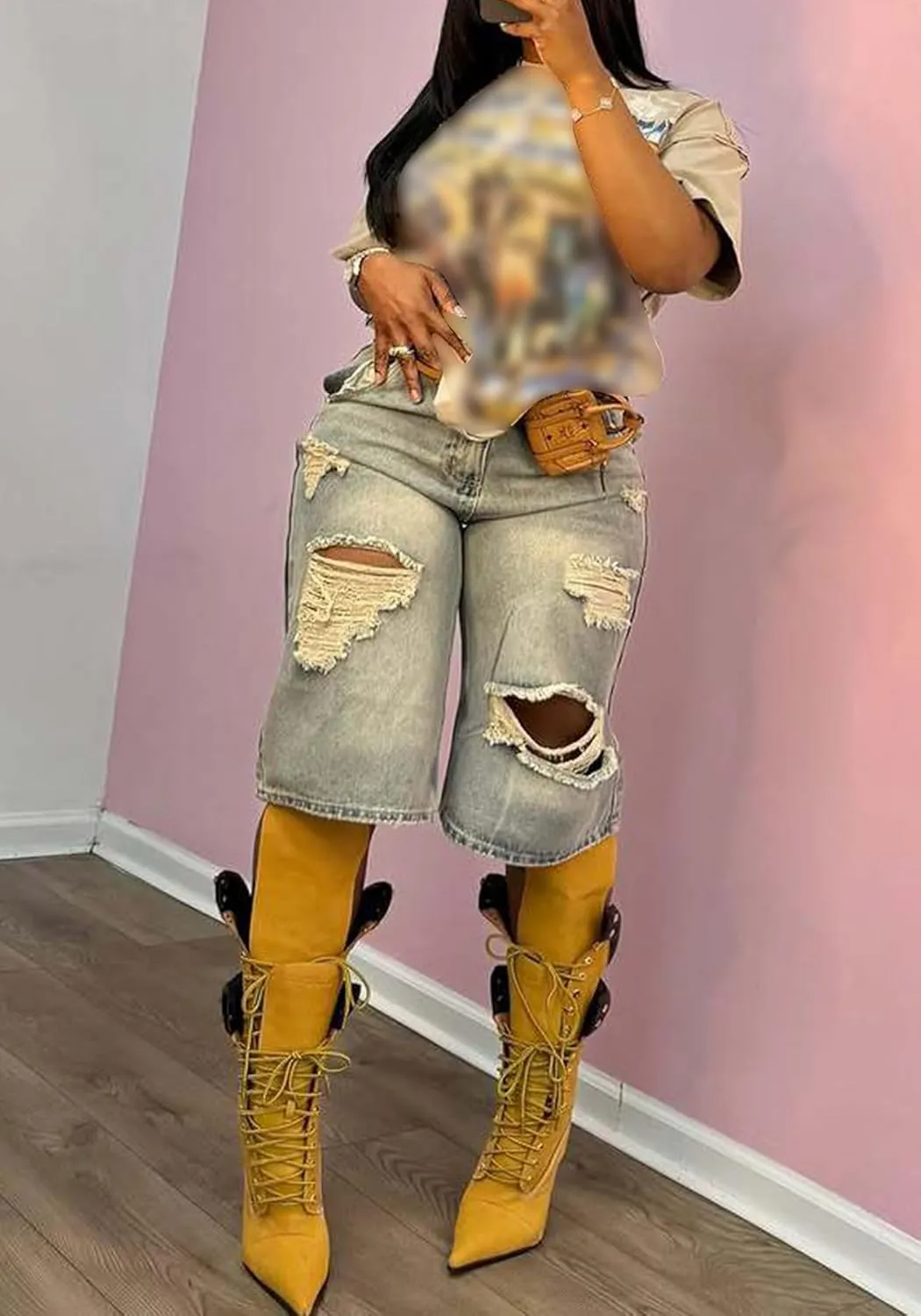 LETSVDO Womens Baggy Ripped Denim Shorts High Waist Straight Wide Leg Distressed Y2k Casual Bermuda Cargo Jean Shorts