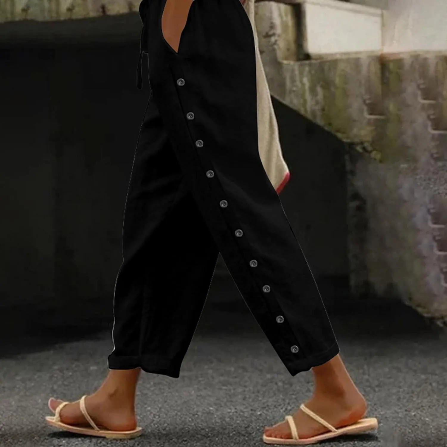 Linen Capris for Women High Waist Casual Pants Drawstring Capri Pants Comfy Cropped Pants with Pockets