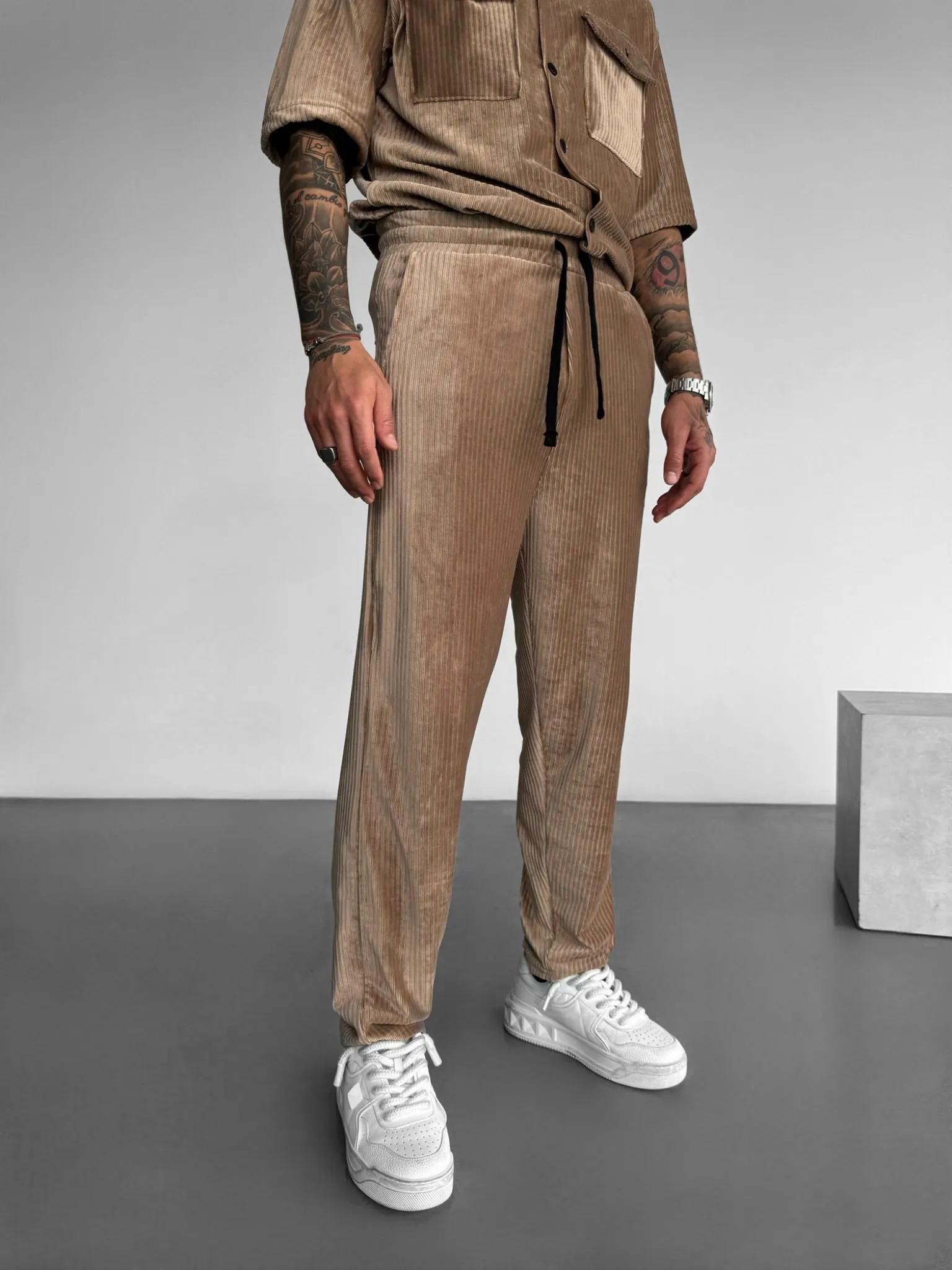 Loose Fit Velvet Cord Trousers - Beige