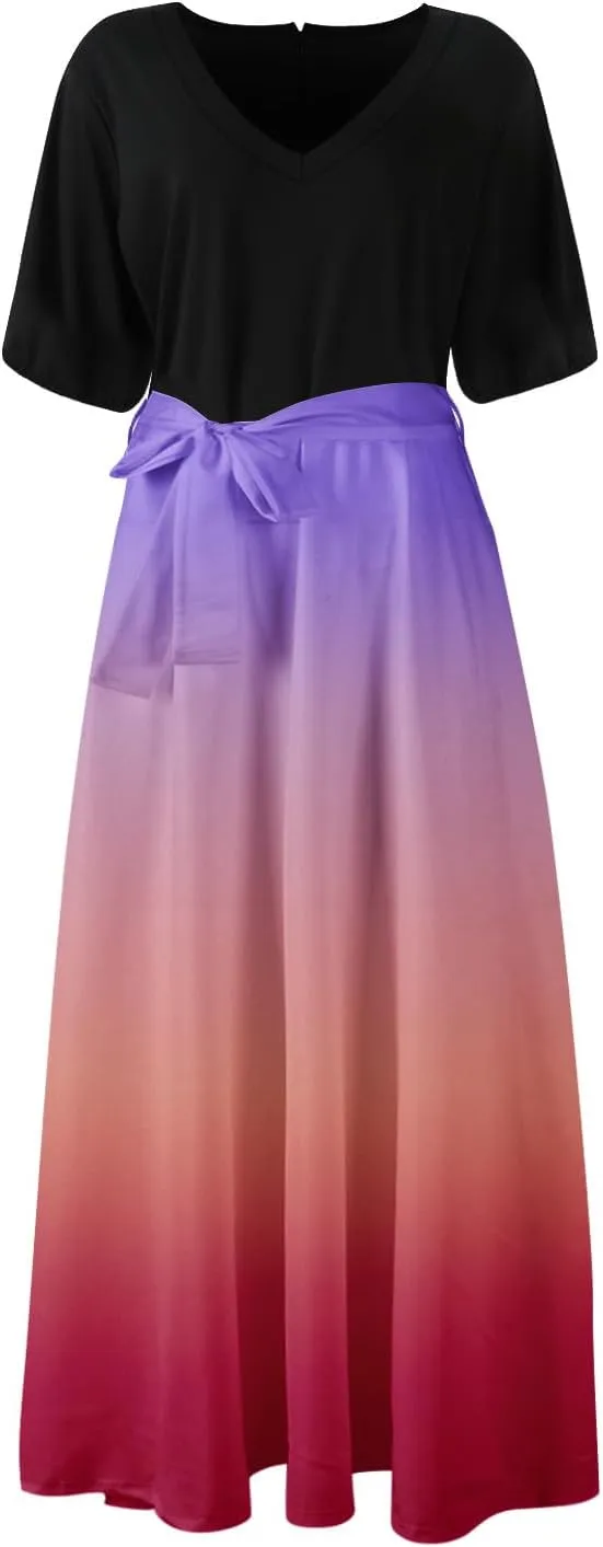 Maxi Dresses for Women 2025 Summer V Neck Floral Maxi Dress Trendy Short Sleeve Split A Line Long Dresses with Belt