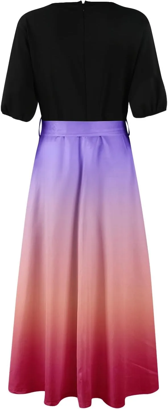 Maxi Dresses for Women 2025 Summer V Neck Floral Maxi Dress Trendy Short Sleeve Split A Line Long Dresses with Belt