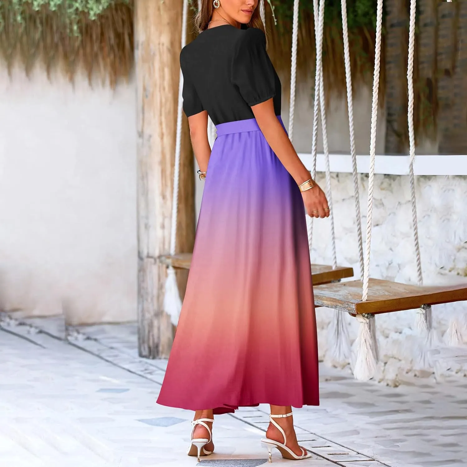 Maxi Dresses for Women 2025 Summer V Neck Floral Maxi Dress Trendy Short Sleeve Split A Line Long Dresses with Belt
