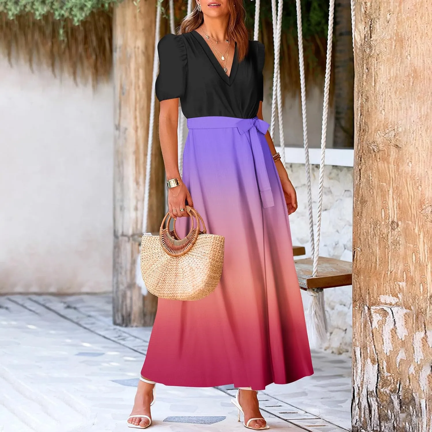Maxi Dresses for Women 2025 Summer V Neck Floral Maxi Dress Trendy Short Sleeve Split A Line Long Dresses with Belt