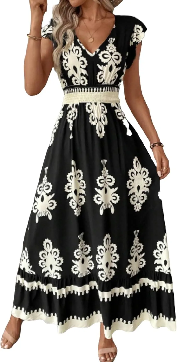 Maxi Dresses for Women Casual V Neck Cap Sleeve Boho Long Dresses Summer Drawstring Waist A-Line Flowy Dress