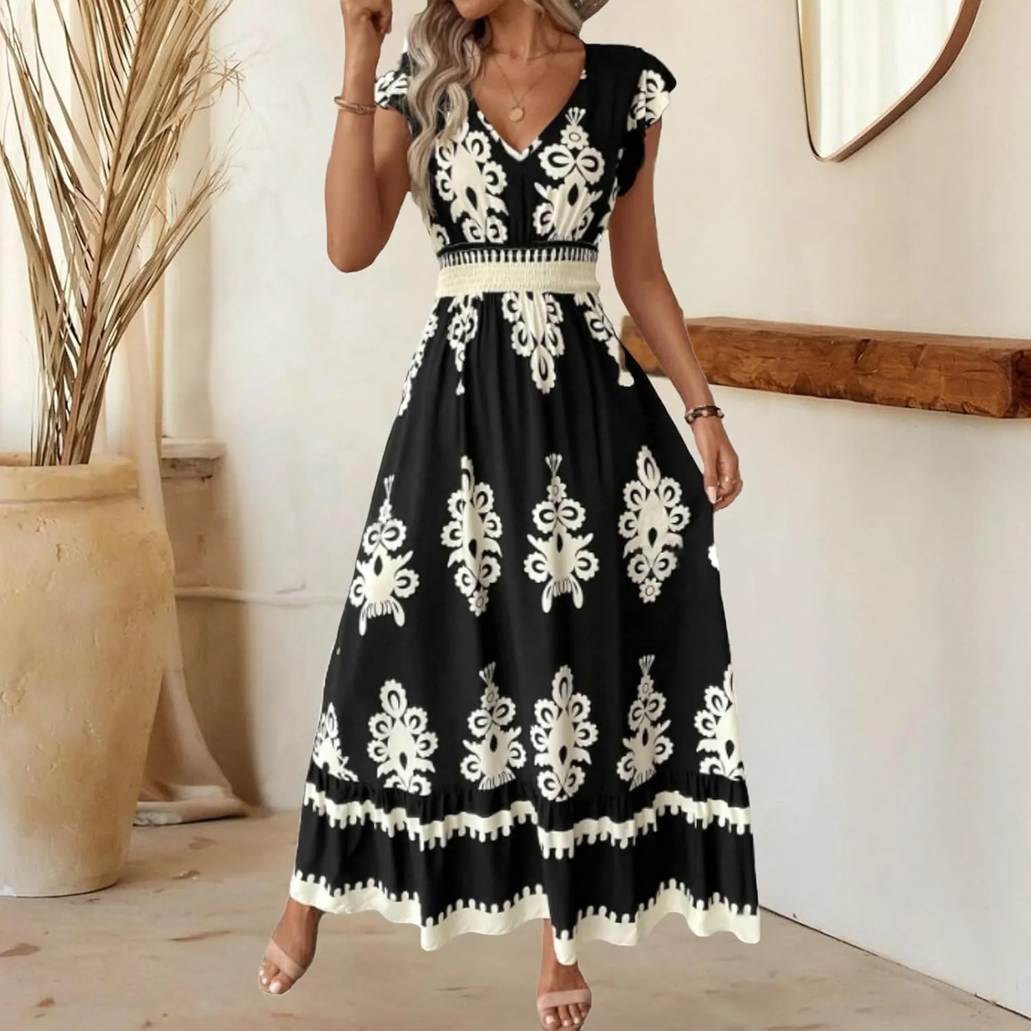 Maxi Dresses for Women Casual V Neck Cap Sleeve Boho Long Dresses Summer Drawstring Waist A-Line Flowy Dress