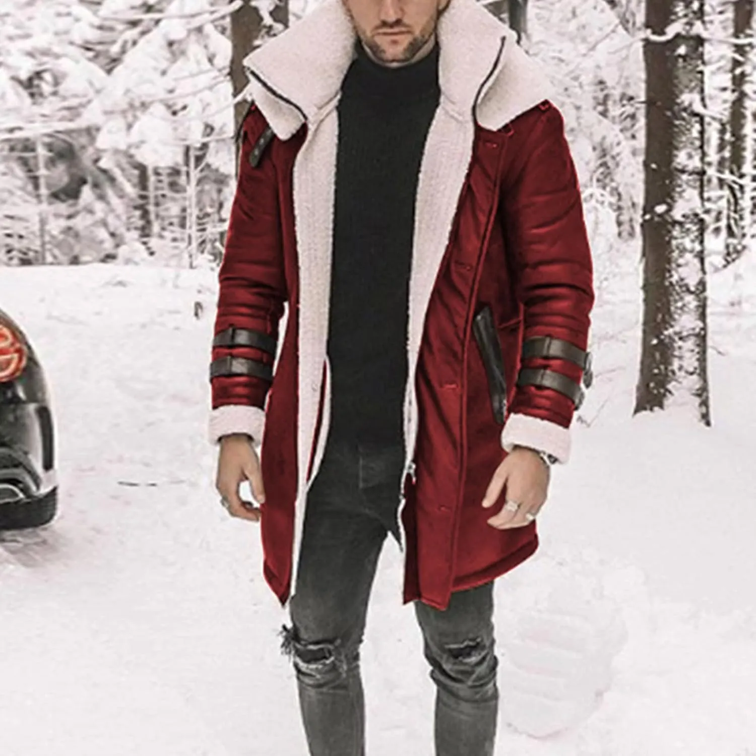 Mens Faux Fur Coat Faux PU Leather Long Jacket Winter Warm Trench Coats Fleece Sherpa Lined Suede Windbreaker Overcoat