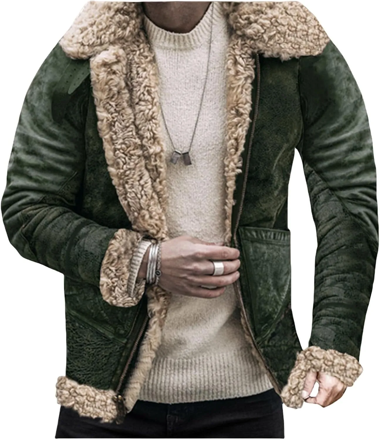 Mens Lamb Wool Bomber Coat Jacket Faux Leather Sherpa Fleece Lined Jackets Heavyweight Suede Faux Fur Trench-Coats Men