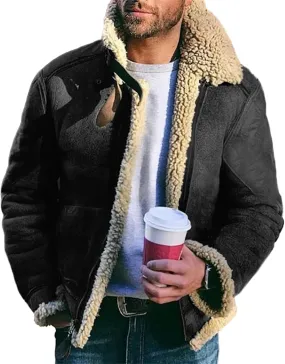 Men's Sherpa Fleece Lined Bomber Coat Faux Leather Jackets Heavyweight Suede Faux Fur Trench Coat for Men