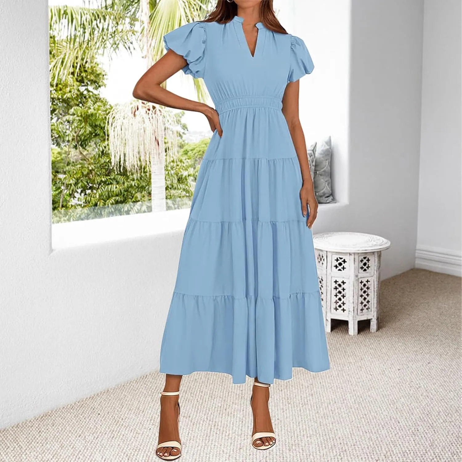 Midi Dresses for Women Casual Summer Maxi Dress Long V Neck A Line Dress Short Sleeve Boho Beach Sundress Pockets