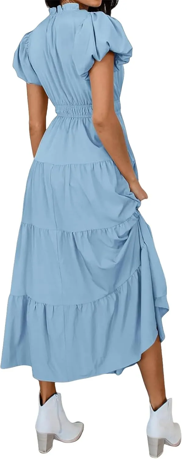 Midi Dresses for Women Casual Summer Maxi Dress Long V Neck A Line Dress Short Sleeve Boho Beach Sundress Pockets